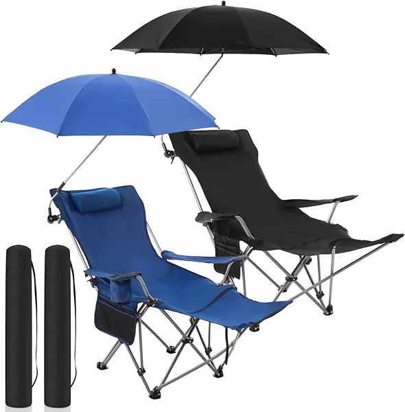 Yuntau 2 Set Reclining Camping Chair with Umbrella Clamp, Adjustable Beach Chair with Foot Rest, SPF 50+, Folding Shade Camping Lounger Recliner for Adult Outdoor(Black,Blue,Oxford)