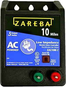 Zareba EAC10M-Z AC Powered Low Impedance Electric Fence Charger - 10 Mile Plug-In Electric Fence Energizer, Contain Small Animals, Keep Out Pests and Predators