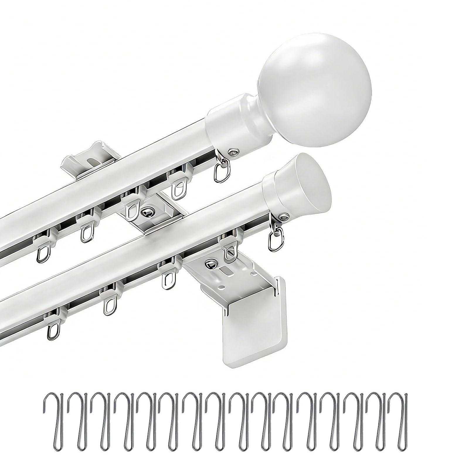 Lpmengs-Eu White Silent Sliding Double Curtain Tracks - Adjustable 1.6-26.2 Ft Aluminum Rods With Decorative Finials For Room Divider & Window Drapes(,19Ft)