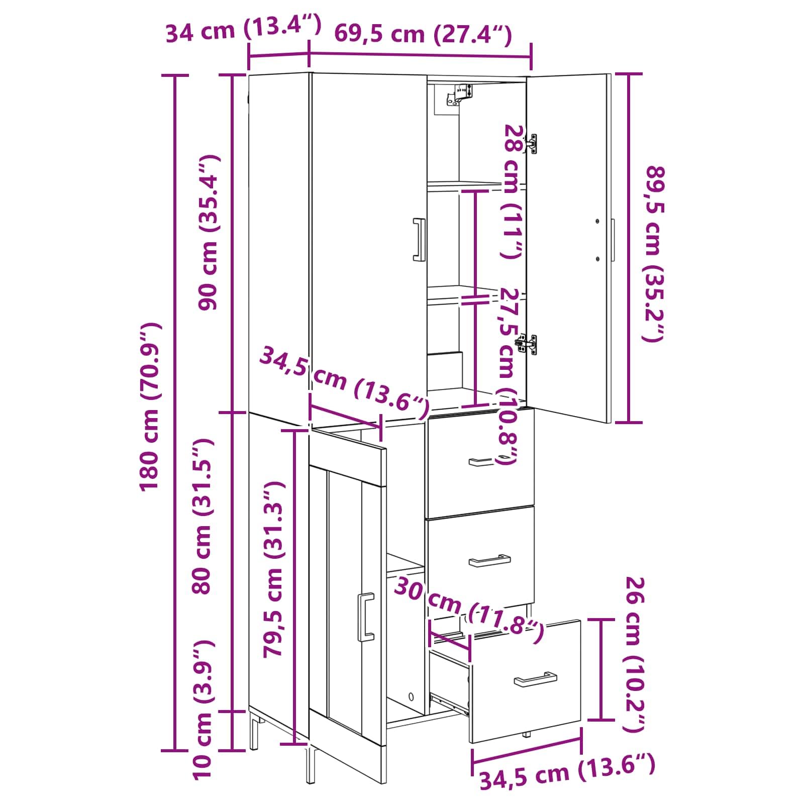Meuble haut noir aspect chêne 69,5 x 34 x 180 cm avec tiroir, porte, espace de rangement, buffet, étagère pour salon, salle à manger, chambre à coucher, bureau