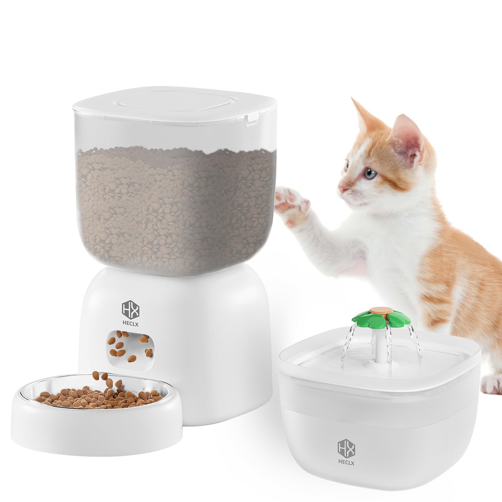HX HECLX Automatic Cat Feeder with 3L Dry Cat Food Dispenser and 2L Water Fountain, Timed Dog Feeder with Portion Control and Daily Meals, Wire/