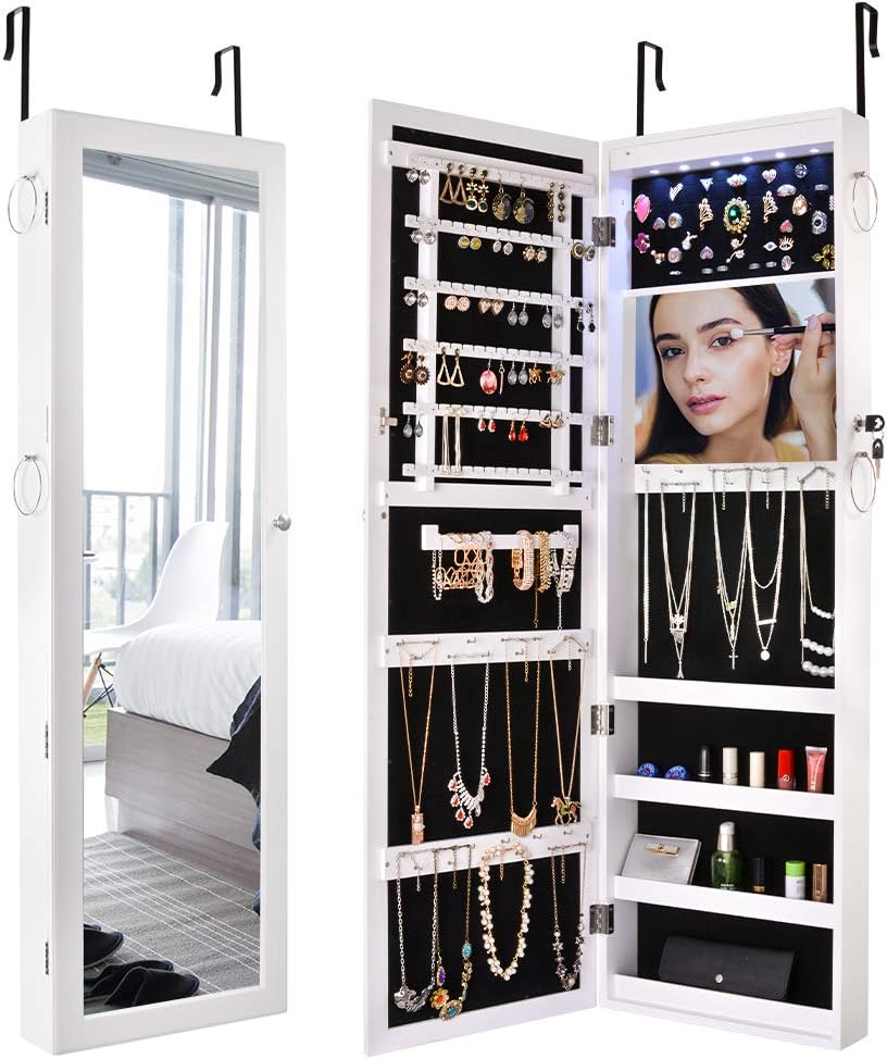 Sunix Mirrored Jewelry Cabinet, Lockable Jewelry Armoire Organizer Wall Door Mounted White