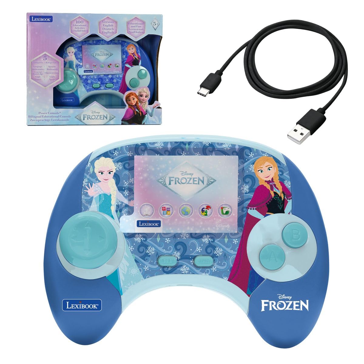 Lexibook, Die Eiskönigin, Power-Spielekonsole, JCG100FZi3LXB | Deutsch/Englisch, 100 Aktivitäten, 2,8-Zoll-LCD, wiederaufladbar, USB-C