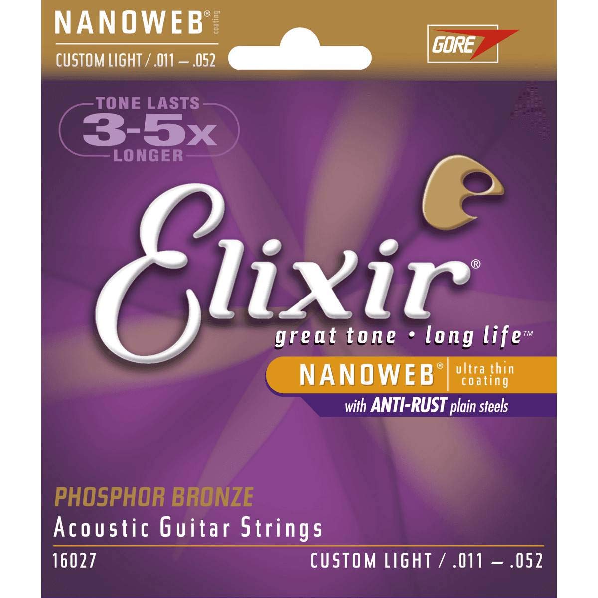 Elixir 16027 Saitensatz für Akustikgitarre (aus Phosphor-Bronze, mit Nanoweb-Beschichtung, Stärke .011-.052 / Custom Light) 2 Packungen