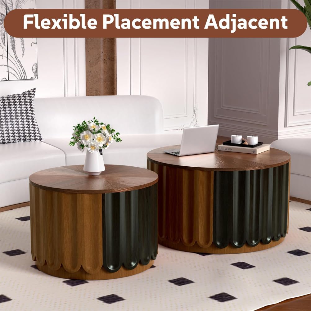Round Nesting Coffee Tables Set of 2 with Storage, Round Fluted Coffee Table and End Table Sets Handcraft Wood Embossed Design Circle Side Tables for Living Room Small Spaces