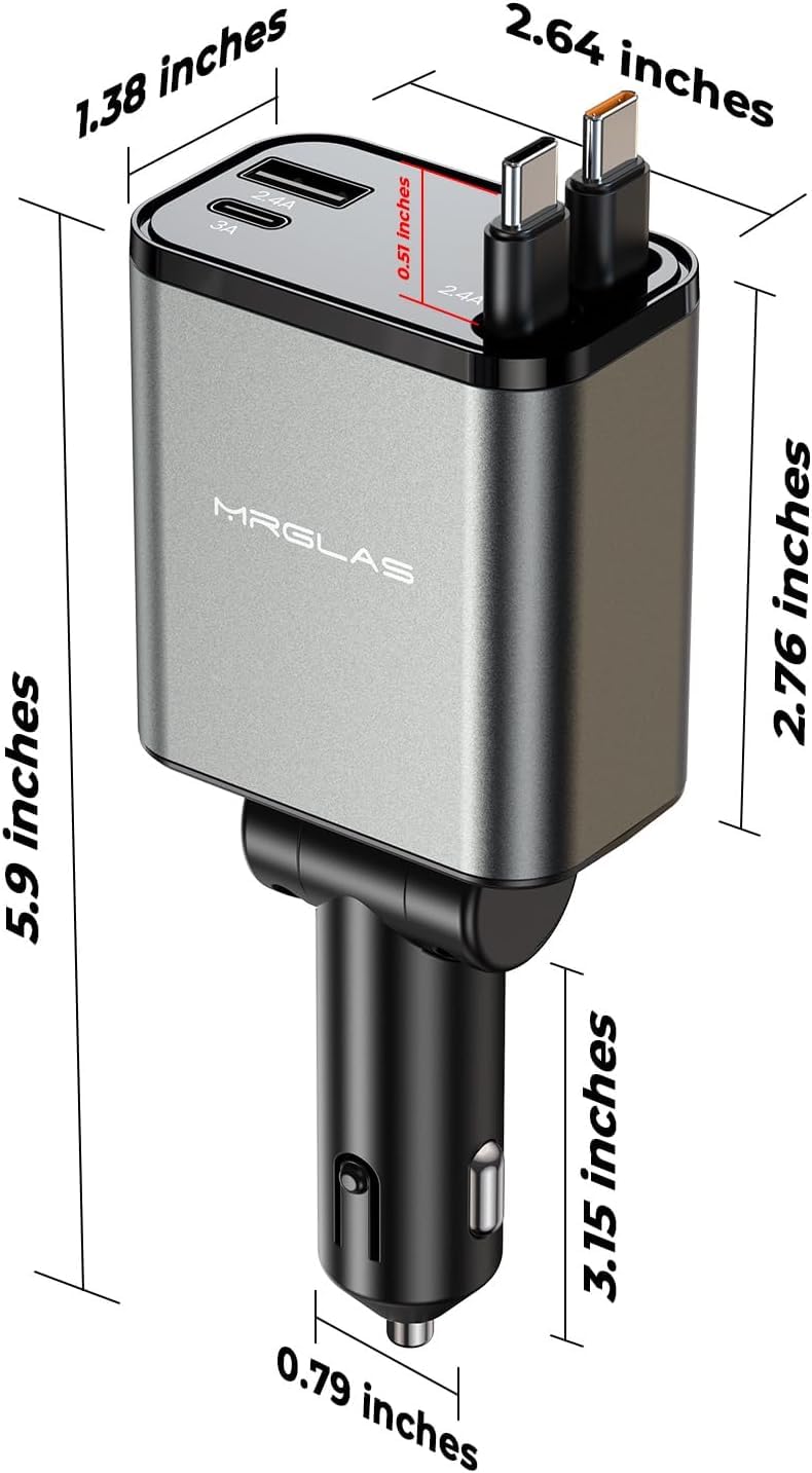 Caricabatteria da auto retrattile per iPhone 17, 69 W, 4 in 1, USB C, ricarica rapida con cavo di tipo C, adattatore per accendisigari per iPhone 17 16 Pro Max Samsung S25 iPad, accessori auto da uomo