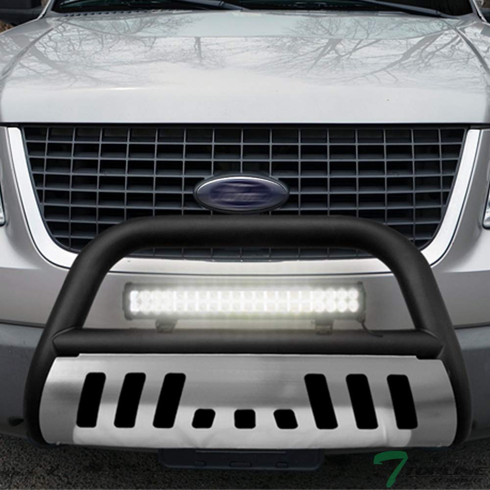 Matte Black Bull Bar Push Front Bumper Grille Guard with Aluminum Skid Plate + 120W CREE LED Fog Light Compatible with 04-23 Ford F150 / 03-17 Expedition / 03-14 Lincoln Navigator / 06-08 Mark LT