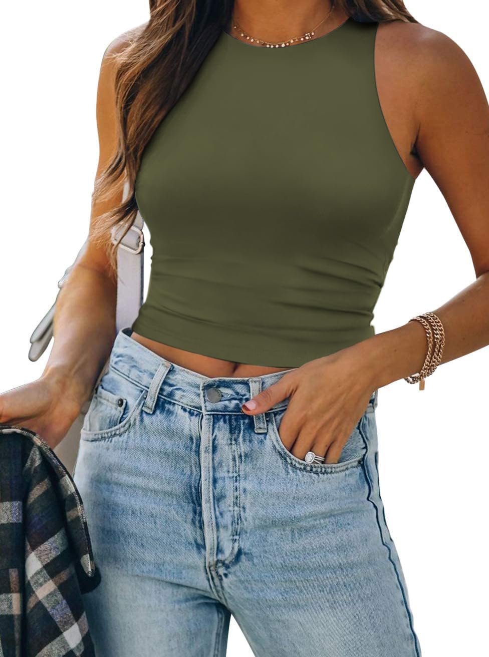 ATHMILE Womens Double Lined Crop Tank Tops Casual Basic Shirts Sleeveless Workout Tops Cute Summer Clothes Teen Girls