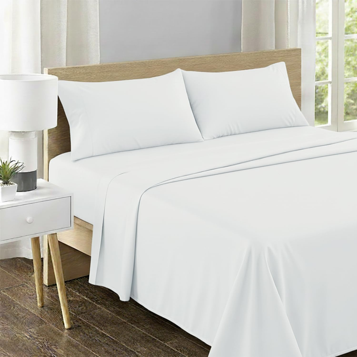 Feather & Stitch 500 TC Split King Size Sheet Set, 5 piece Bed Sheets Set-2 Twin Fitted Sheet, 1 King Flat Sheet & 2 King Pillowcases, 18" Deep Pockets Sateen Weave Solid Bedsheet - (Solid White)