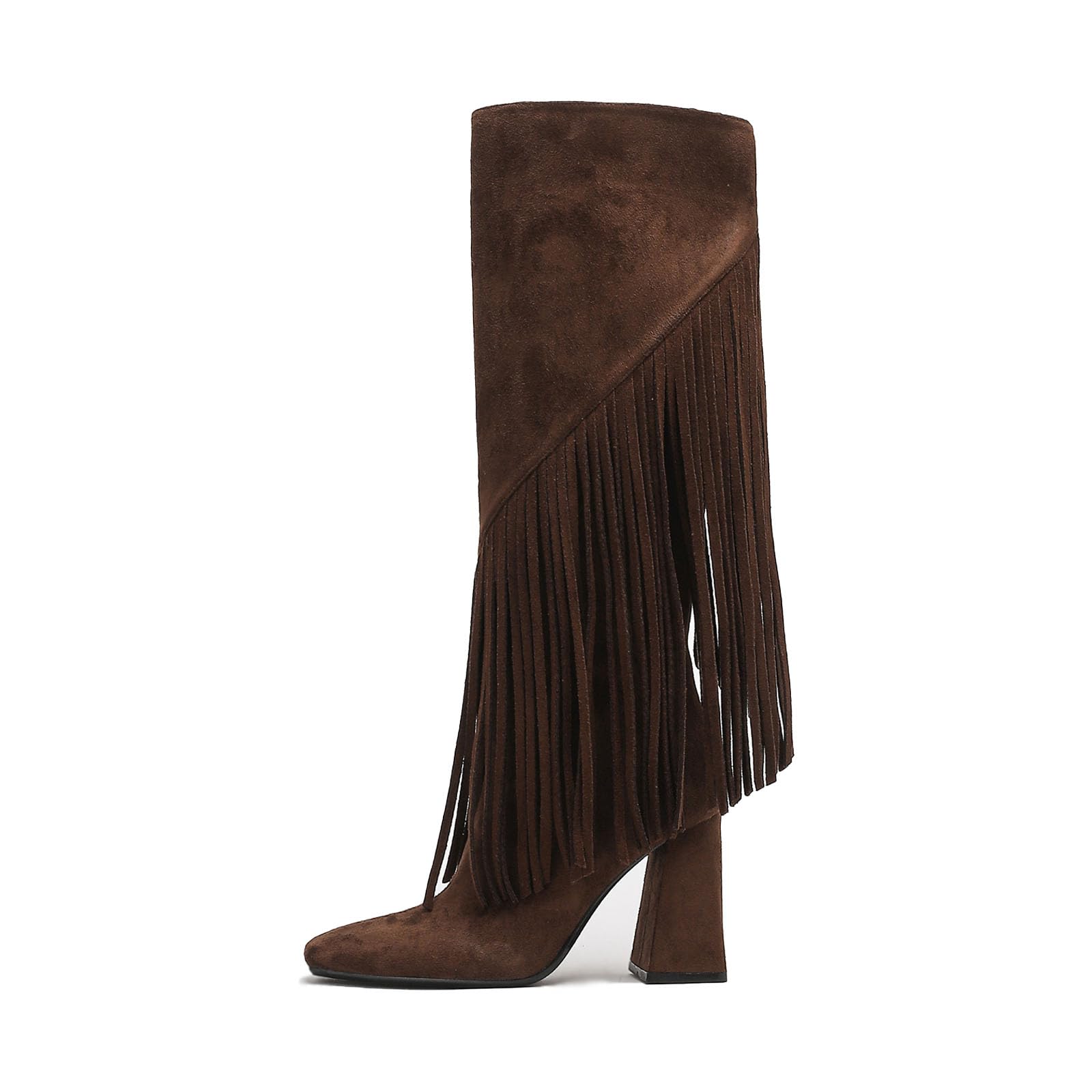 Womens Suede Fringe Block heel Knee High Cowgirl Boots with Side Zipper Retro Square Toe Chunky High Heel