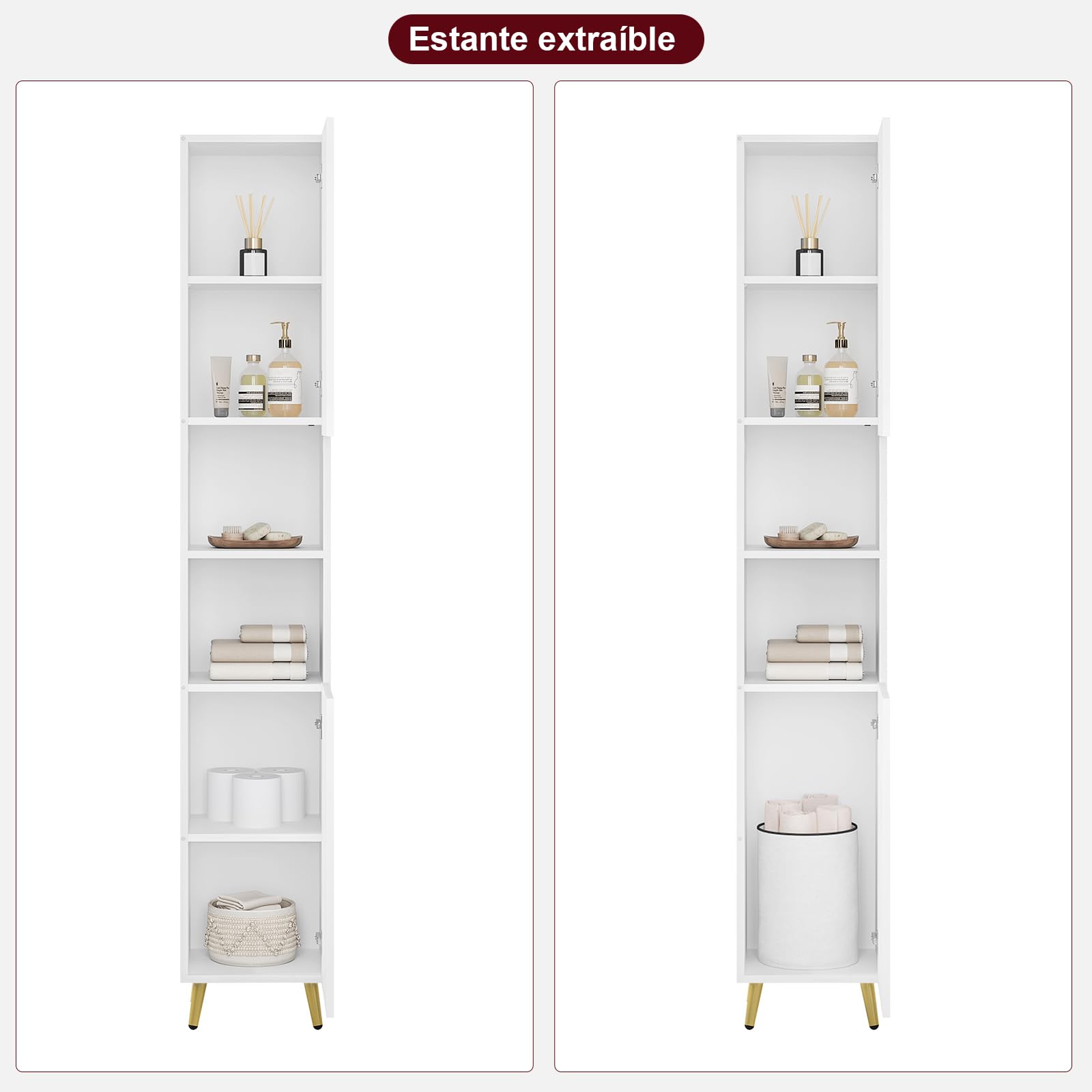 eSituro Armario Alto de Baño, Mueble Estrecho con Compartimentos Abiertos, Auxiliar con 2 Puertas, Estante Ajustable, Patas Metálicas Doradas, Blanco, 30x28x180 cm