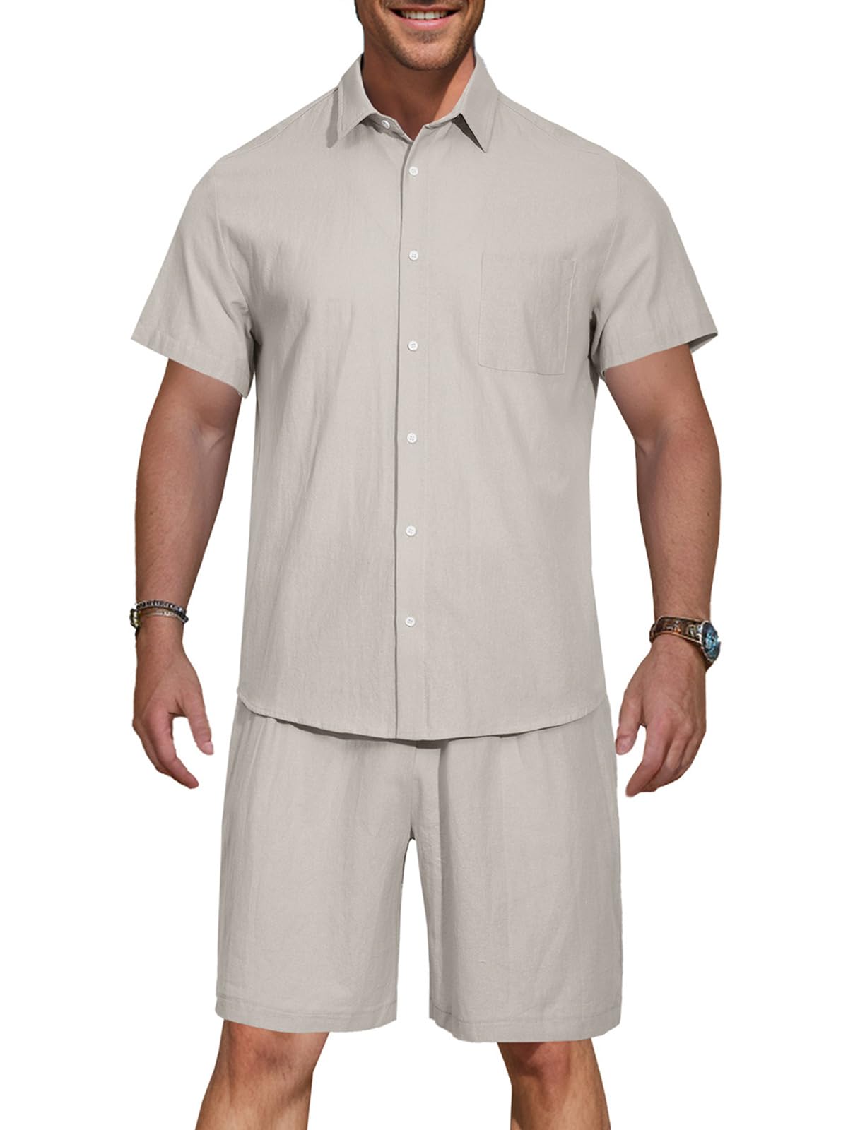 HOTIAN HOTIAN Camisa de hombre de manga corta, ajustada, de lino, para el tiempo libre, verano, manga corta, básica