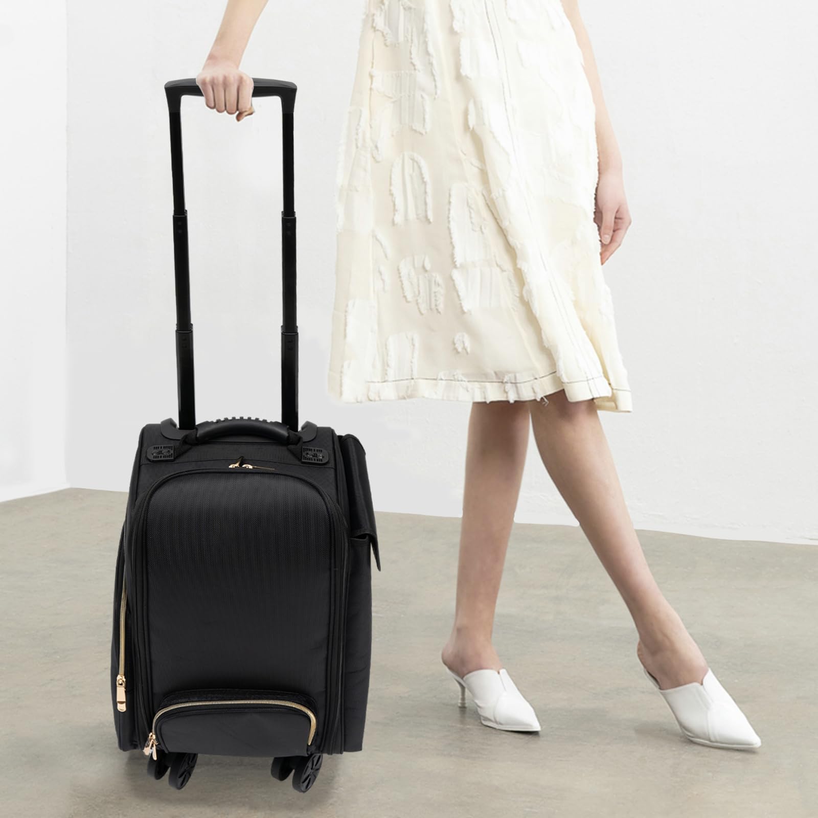 HAPPCUCOE Rolling Makeup Train Case,Cosmetic Storage Organizer with 6 Removable Cosmetic Bags,Rolling Trolley Cosmetic Case for Makeup Artist Nail Technician,Black (Black)