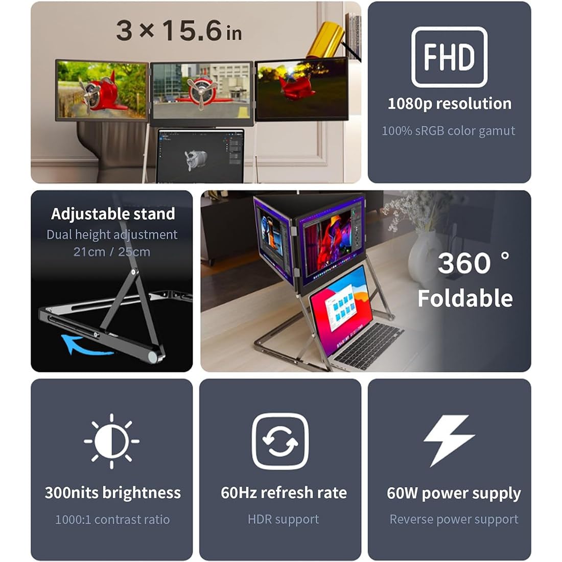 Estensore Triplo Schermo IPS FHD per Laptop,Triplo Monitor per Laptop