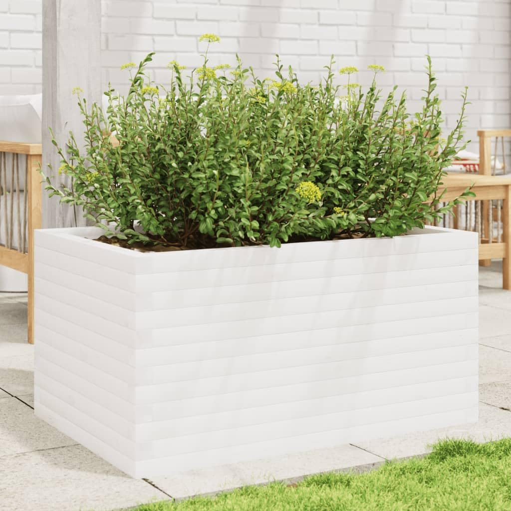 Macetero blanco de pino macizo, 90 x 60 x 45,5 cm, jardinera con suelo abierto para jardín, terraza, balcón, resistente a las heladas, almacenamiento de agua, protección visual, interior y