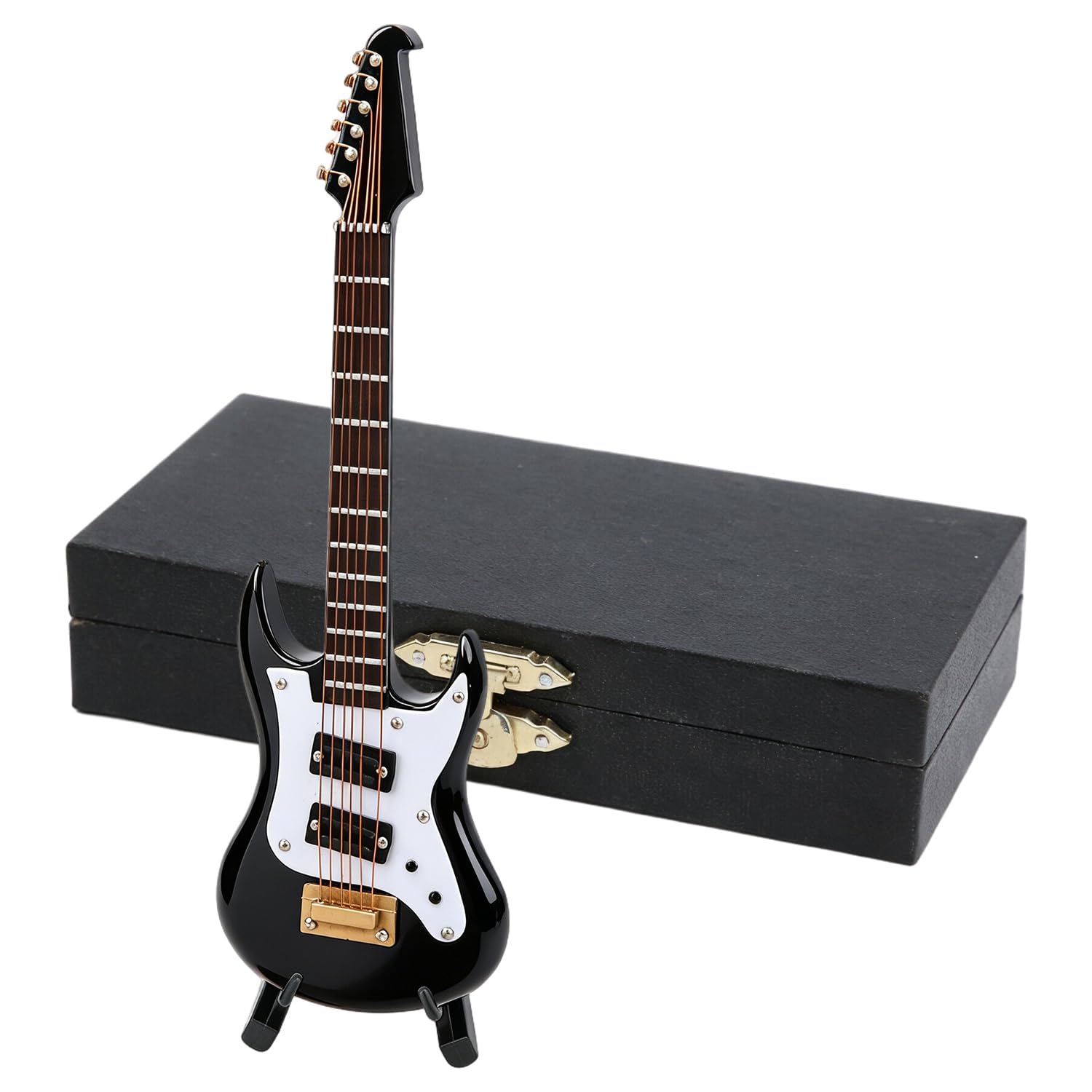 Tissting Mini Guitar Ornament with Stand, 8.7cm/3.4in Plastic Mini Guitar Model Decor, Miniature Musical Instrument Decoration for Shelf Desk, Music Lover Gift