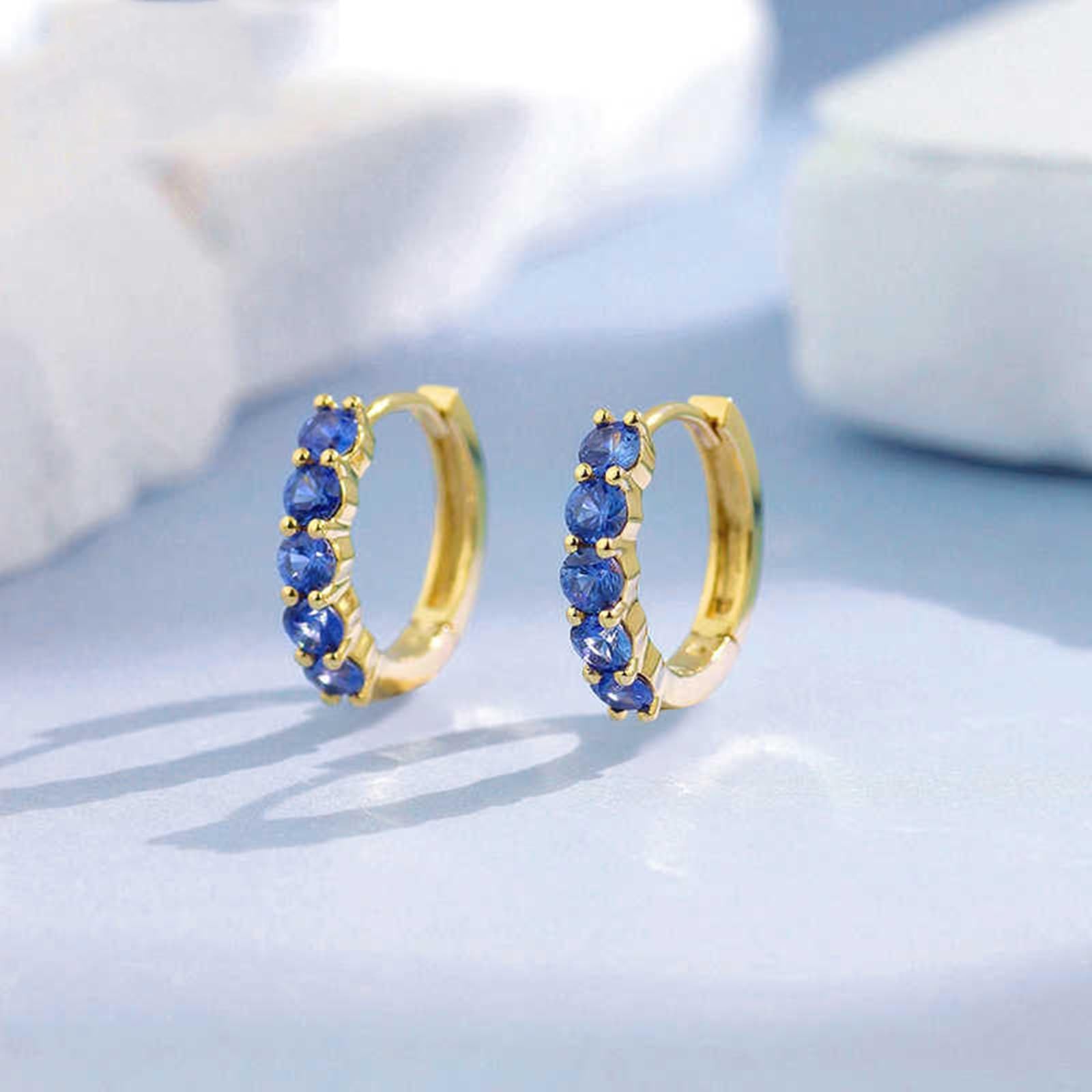 KnSam Prawdziwe złoto 9K/14K/18K żółte złoto Creole Hoop, 0,75 ct szafir kolczyki damskie vintage klasyczne szlif okrągły niebieski, damskie kolczyki na sztyfcie małe złoto Au750/ 585/375