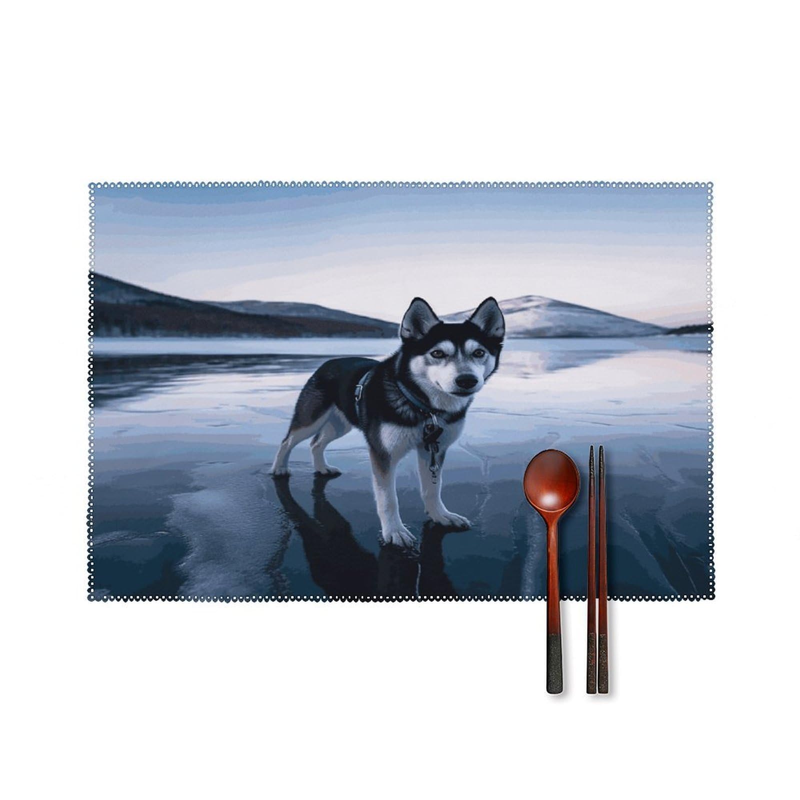 Btcowzrv Style Husky Dog On A Frozen Lake Canvas Placemats Set Of 6, Wipeable Washable Place Mats For Indoor & Outdoor, Table Mat Decor For Kitchen Dining Party