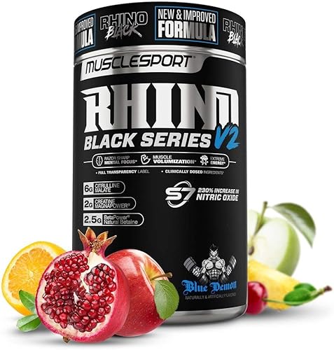 Rhino Black Pre Workout V2 - Suplemento en polvo para preentrenamiento para hombres y mujeres - 16.23oz (Blue Demon, 20 porciones)
