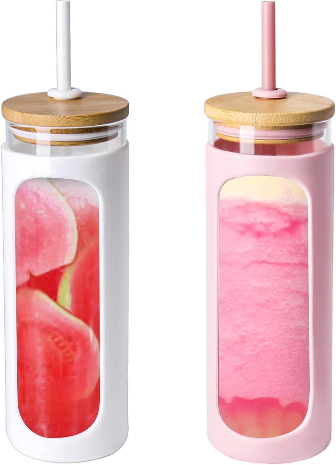  | Kodrine 24 oz Glass Water Bottle with Bamboo Straw and Lid, Wide Mouth Water Tumbler,Straw Silicone Protective Sleeve BPA FREE-White: Iced Tea Glasses