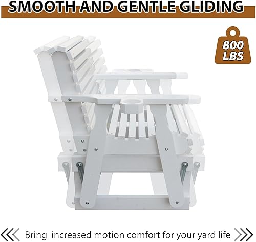 Miniatura 4 de Silla planeadora para exteriores, juego de muebles de patio de madera de 3 piezas con mesa redonda, portavasos, respaldo alto y asiento contorneado