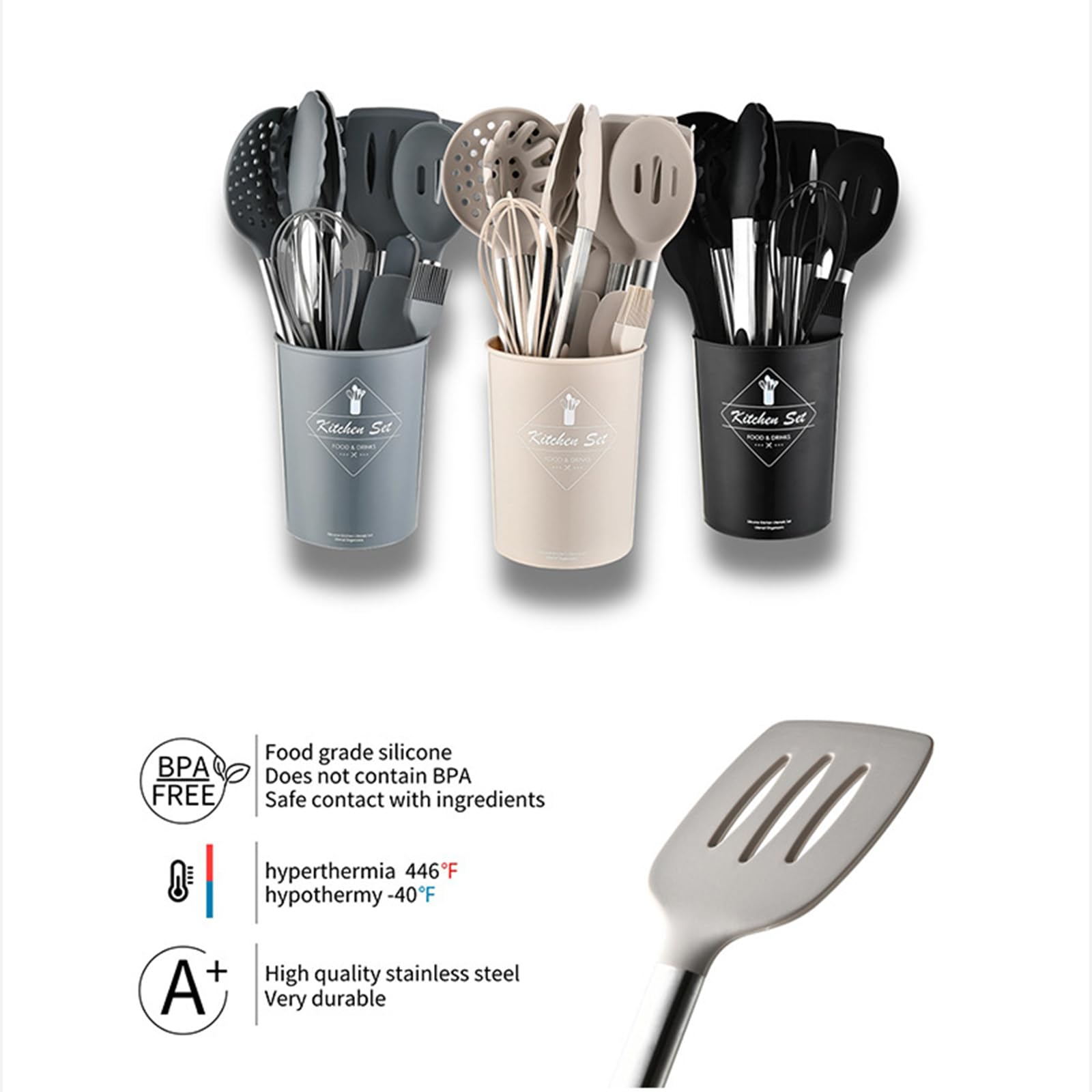 Silikon-Kochutensilien-Set, ungiftig, hitzebeständig, spülmaschinenfest mit Edelstahlgriffen, Küchenhelfer-Set mit Halter für antihaftbeschichtetes Kochgeschirr
