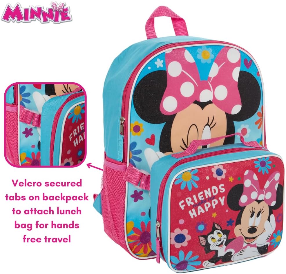 Disney Minnie Backpack for Girls with Lunch Box | Minnie Blue Backpack for School and Reusable Lunch Bag