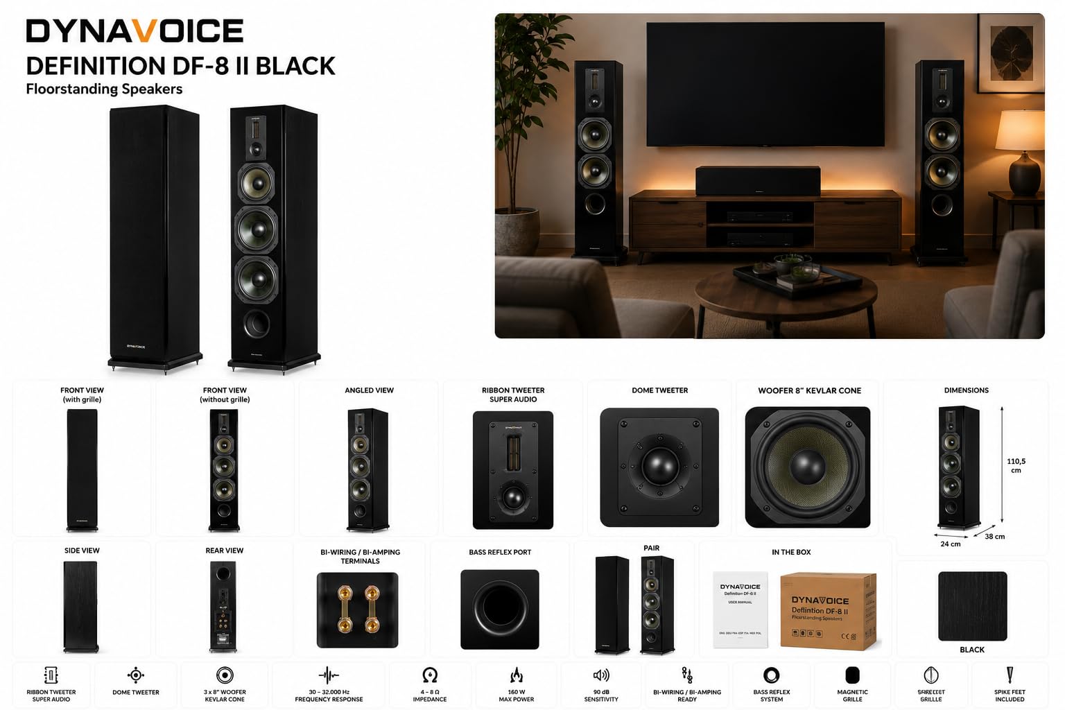 Dynavoice Definition DF-8II | Altavoces de Suelo HiFi 3 Vías | Pareja | 2x8 Kevlar | 200W RMS | 94dB | X-Range | Bi-Wire Bi-Amp | Negro Brillante/Mate.