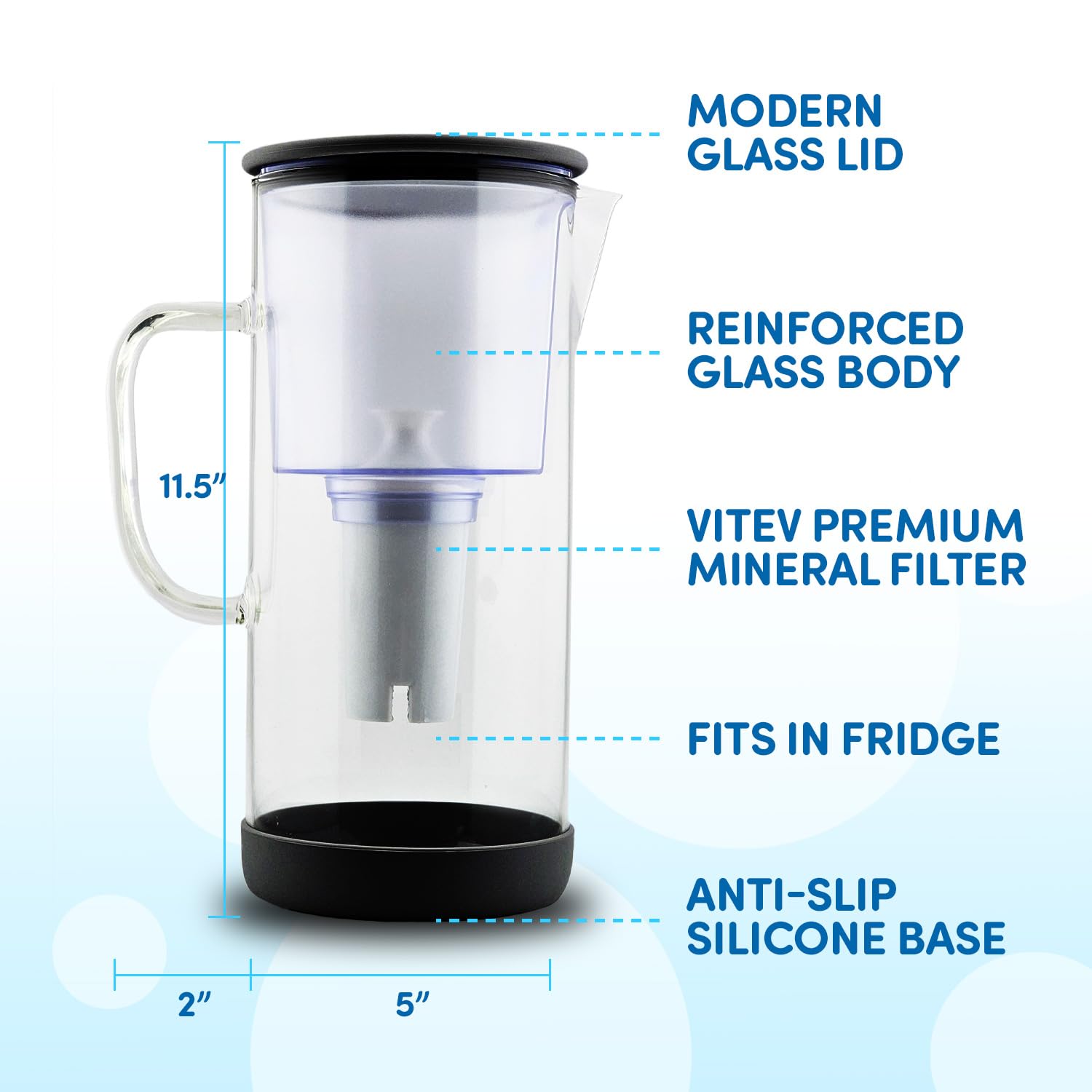 Glass Pitcher with Mineral Rich pH Balancing Filter, Sleek Glass Lid – Brita Compatible Fridge Friendly Design (Black)