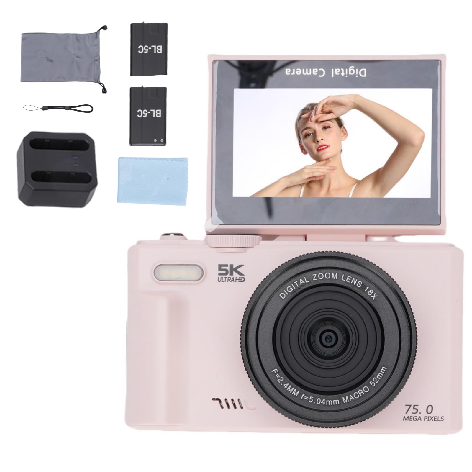 Fotocamera Digitale 5K con Scheda di Memoria da 32 GB, Fotocamera da Viaggio 75 MP, Zoom 18X, Display Pieghevole 3 Pollici Include 2 Batterie e Stazione di Ricarica per (rosa)