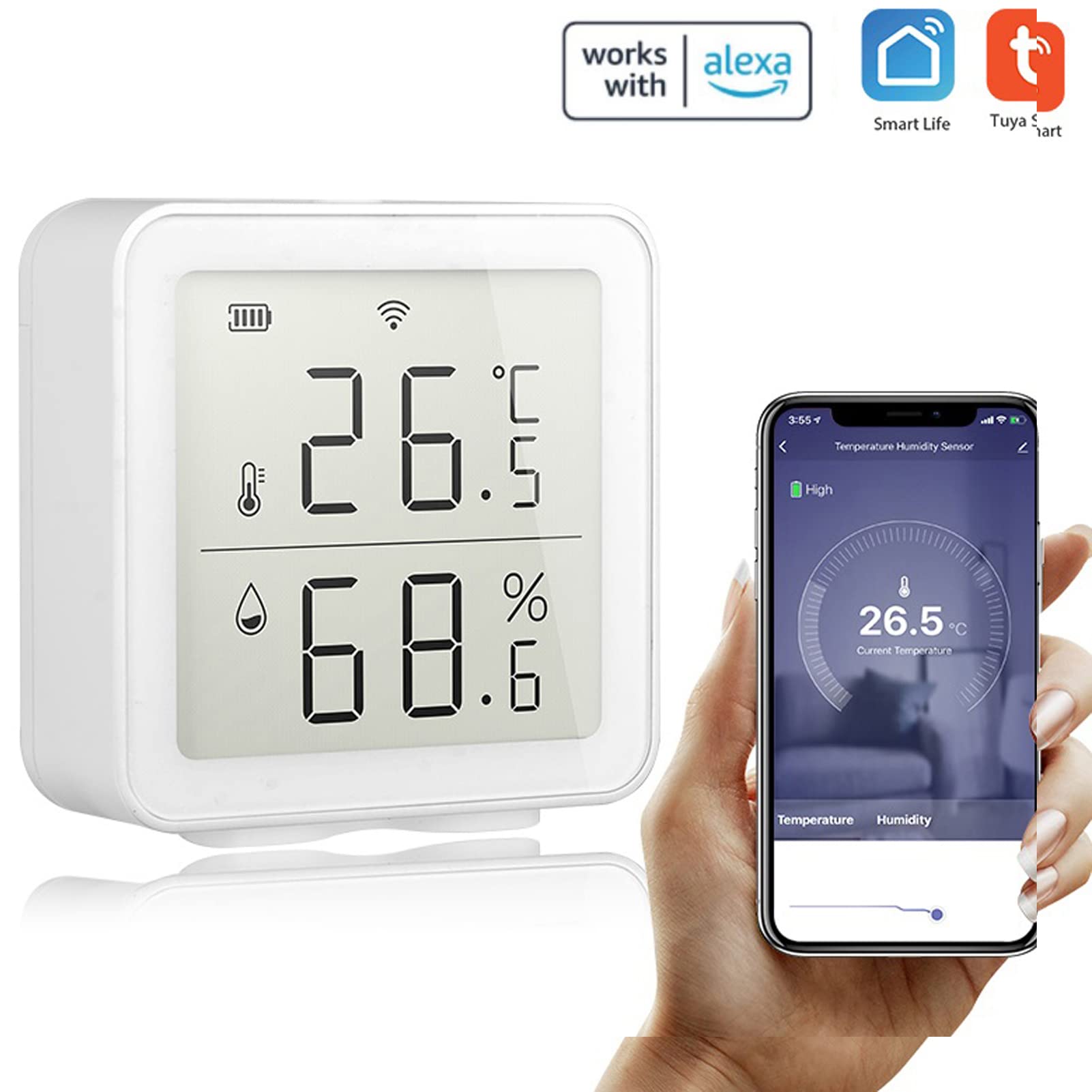 WiFi Tuya Capteur de température sans fil, Smart Life Digital Thermomètre hygromètre intérieur, compatible avec Alexa, avec stockage de données et fonctions d'alarme