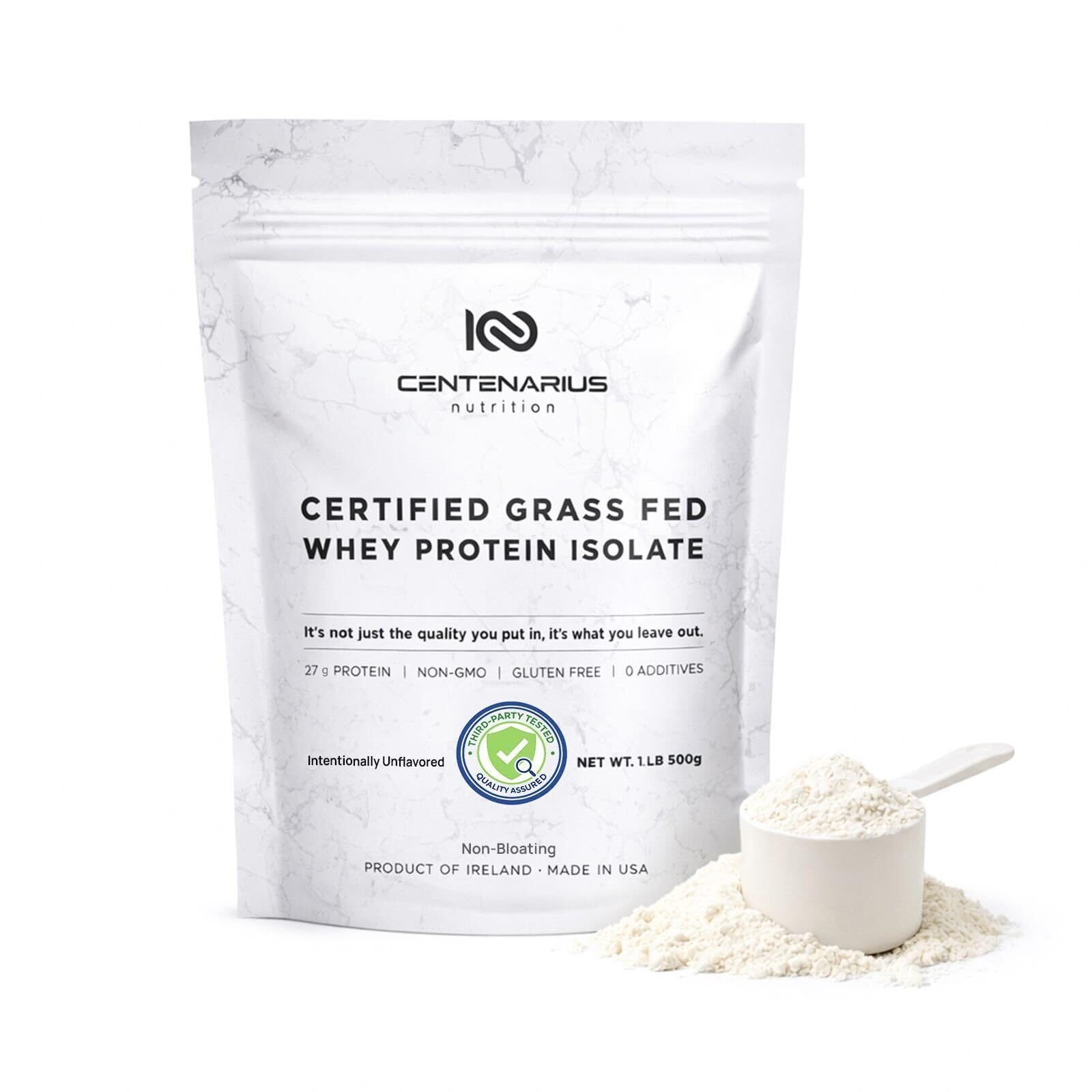 Premium Whey Protein Isolate Powder 500g Unflavored Irish Grass-Fed, 27g Protein per Serving for Muscle Growth & Recovery Non-Bloating, Gluten & Lactose Free, Clean Ingredients | Centenarius Nutrition
