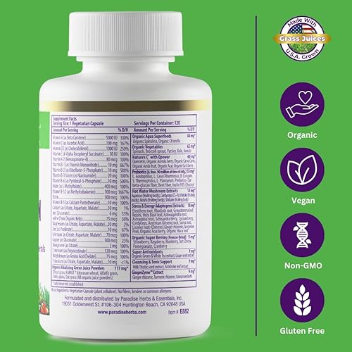 Miniatura 5 de Paradise Herbs Earth's Blend Multivitamínico Once Daily con hierro, 48 superalimentos orgánicos, probióticos, antioxidantes, vitaminas A, B12, C, D,