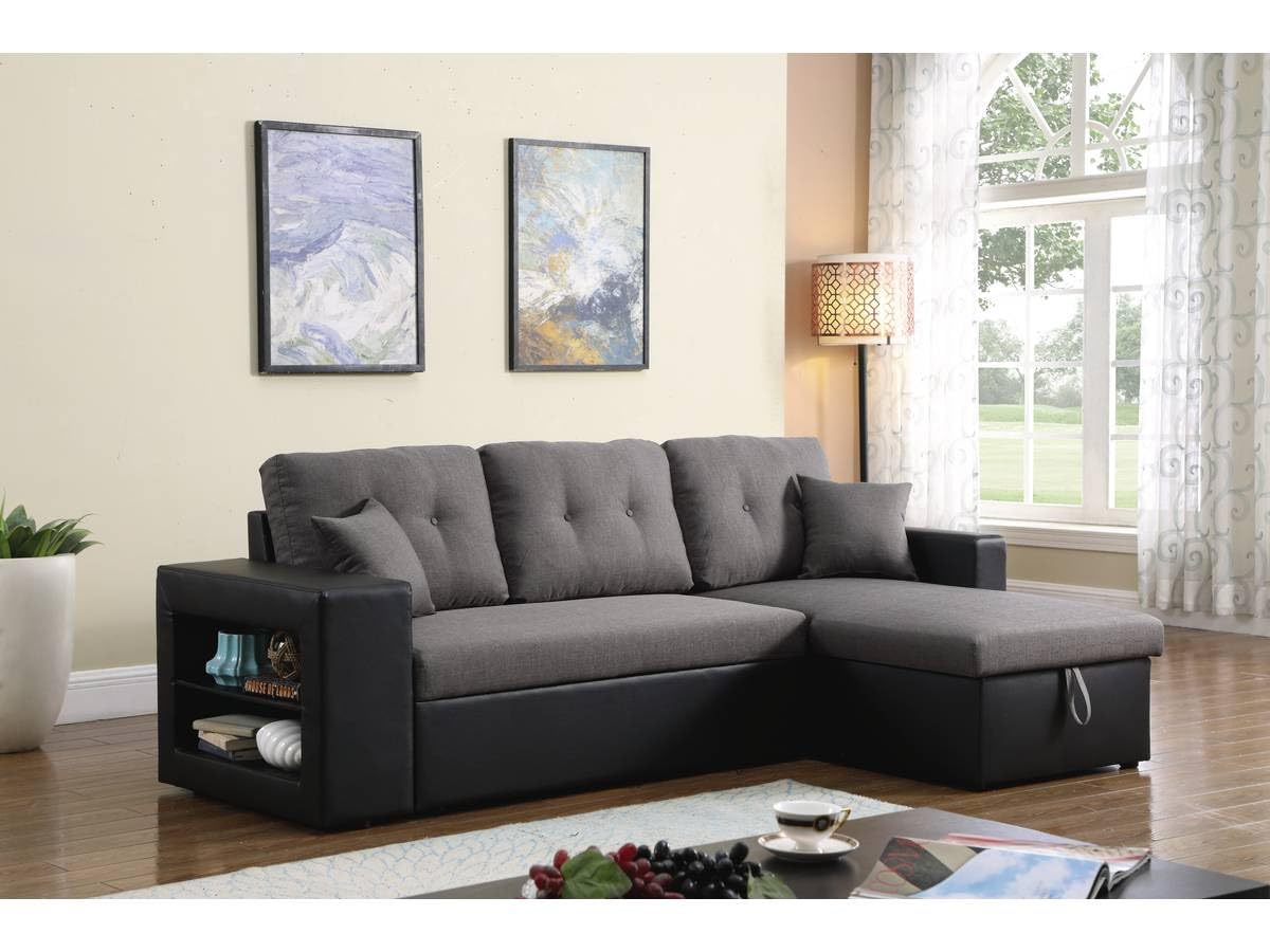 Habitat et Jardin - Canapé d'angle Convertible et Réversible Axel 3 Places Noir et Gris - Canapé Lit Moderne Design en Tissu Lin - Espace de Stockage (Méridienne) + Étagères