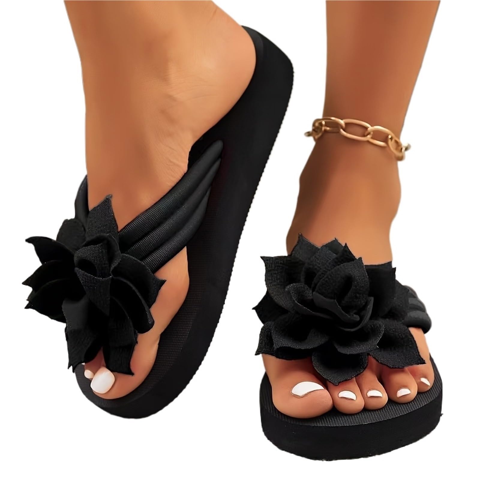 ERHTGUO Women's Floral Flip Flops SlipOn Mid Heel Sandals Fabric Upper EVA Sole Insole Solid Color Summer Casual Footwear(Black,43)