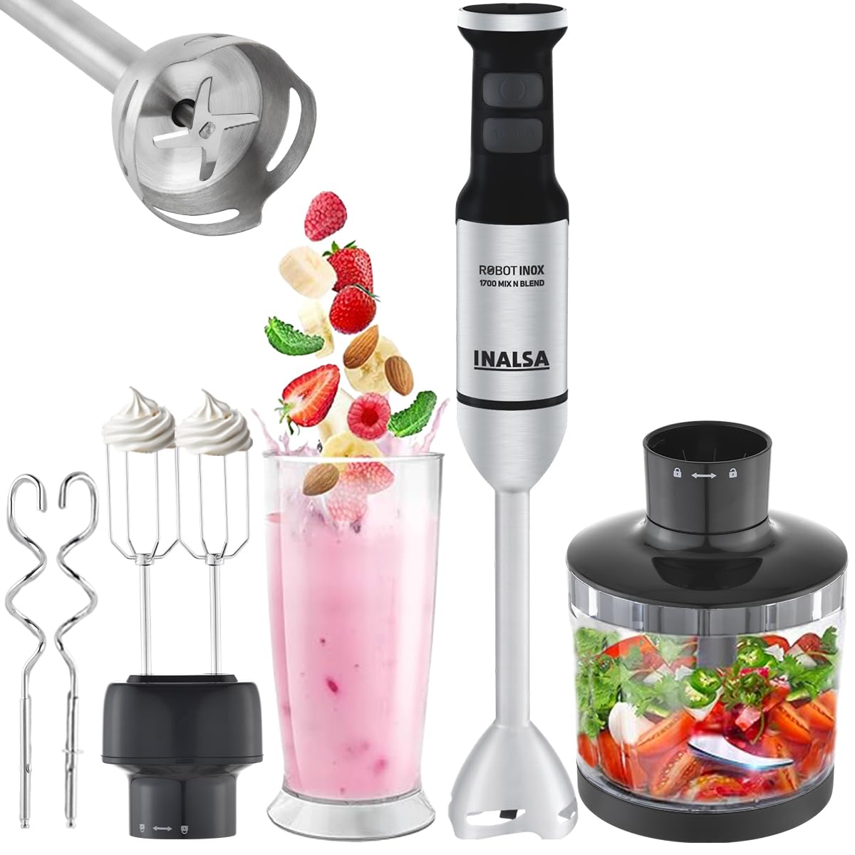 INALSA Hand Blender Mixer|1700W Copper Motor|Chopper,Dough Maker,Whisker & Jar Attachment|Low Noise|20 Speed Control & Turbo Function|BPA Free|Anti-Splash|2 Yr Warranty,Robot Inox 1700 Mix N Blend-image-14