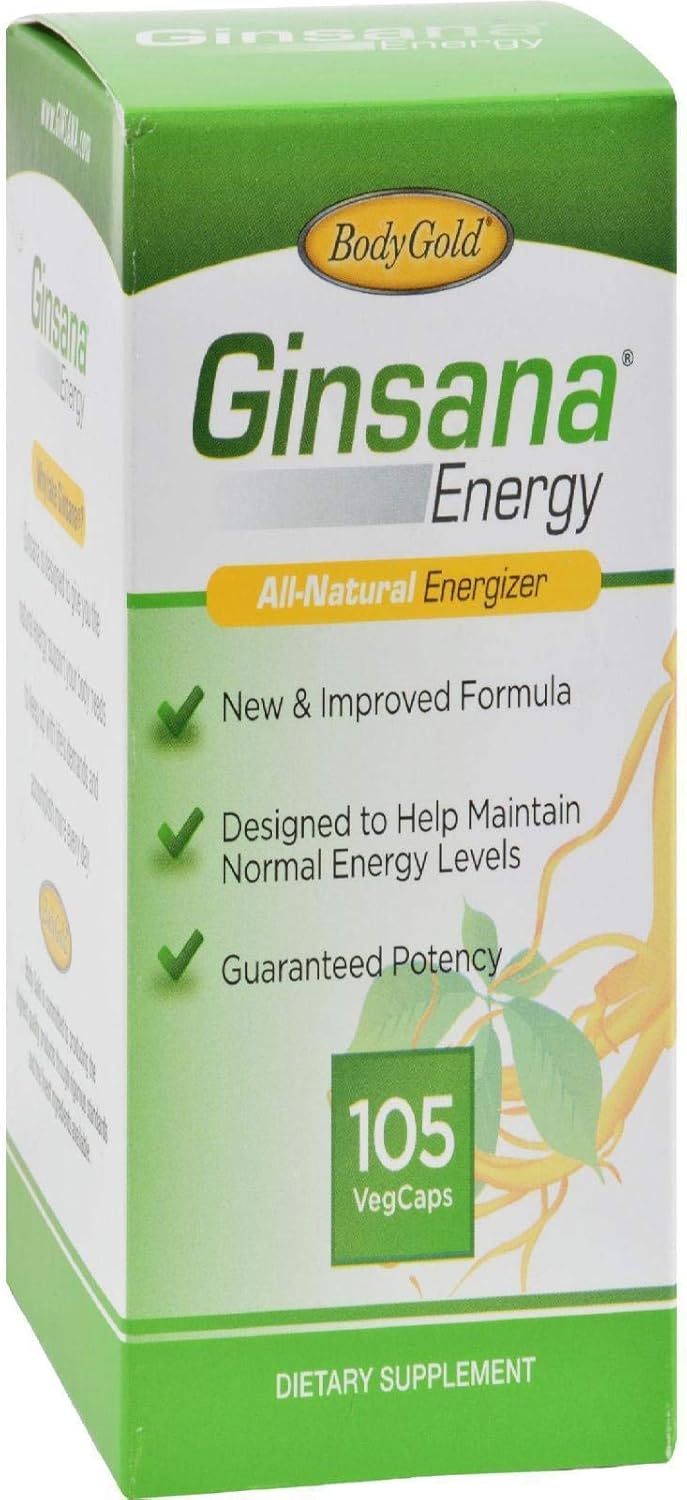 Body Gold Ginsana Energy | Panax Ginseng Extract w/Energizing Herbal Blend for Focus & Endurance | Schizandra Berry, Eleuthero Root, and Decaffeinated Green Tea Leaf Extract | 52 Serv | 105 VegCaps