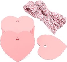 G2PLUS 100 PCS Etichette di Carta Cuore,Tag di Carta Kraft Rosa 5.5x6CM,Targhette Regalo con Cordone di 20 Metri,per San Valentino,Compleanno,Matrimonio