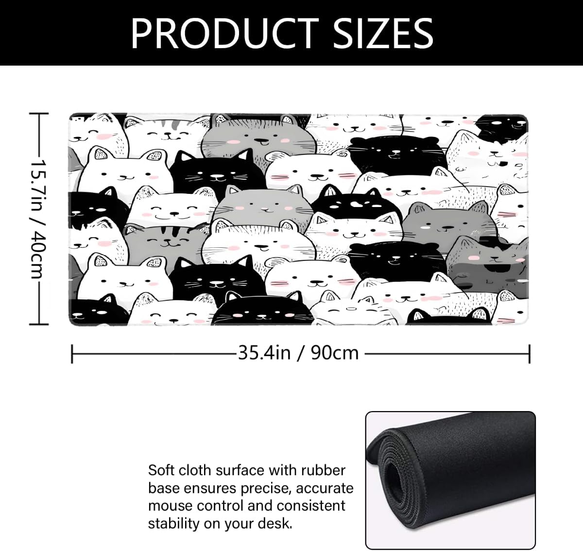 Large Black White Cat Mouse Mat Computer Mousepad with Non-Slip Rubber Base Waterproof Mouse Pad Desktop Keyboard Pad for Gamer,Home School Laptop Office Accessories,16x35.5in
