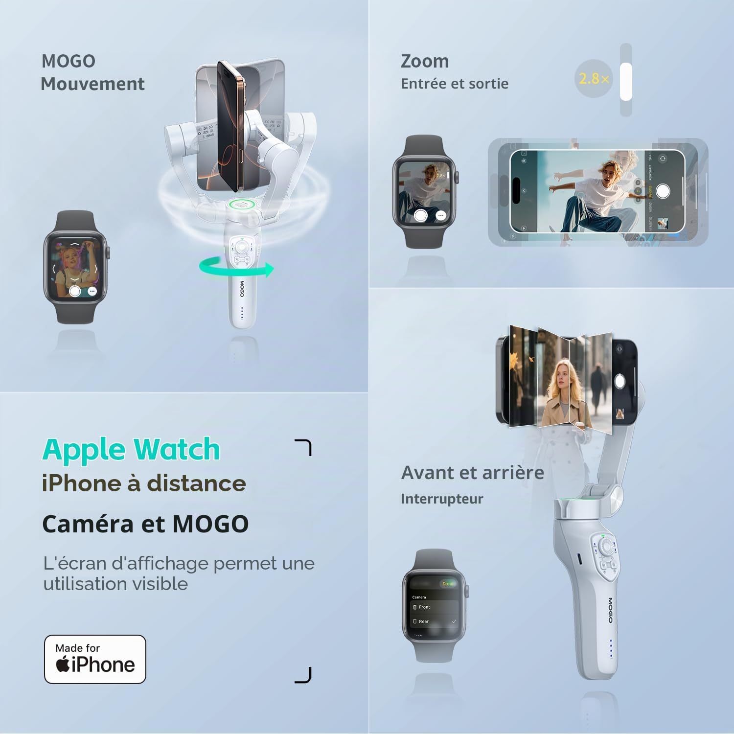 COMITOK MOGO Stabilisateur Gimbal [Certifié MFi] Spécialement pour iPhone Stabilisateur iPhone avec Suivi Visage Automatique Contrôle Apple Watch & Télécommande Vidéo sans Secousse Compatible iOS 26