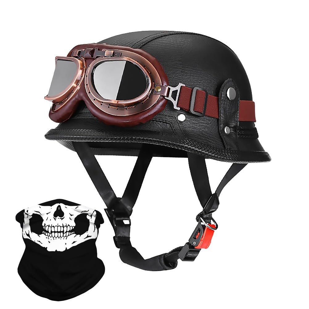 Uueybsg Men's A Vintage German Motorcycle Half Helmet Leather Open Face Motorbike Helmet With Goggles Dot/Ece Pproved Dults Wo Half Shell Cap Helmet For Bike Cruiser Chopper Moped Scooter