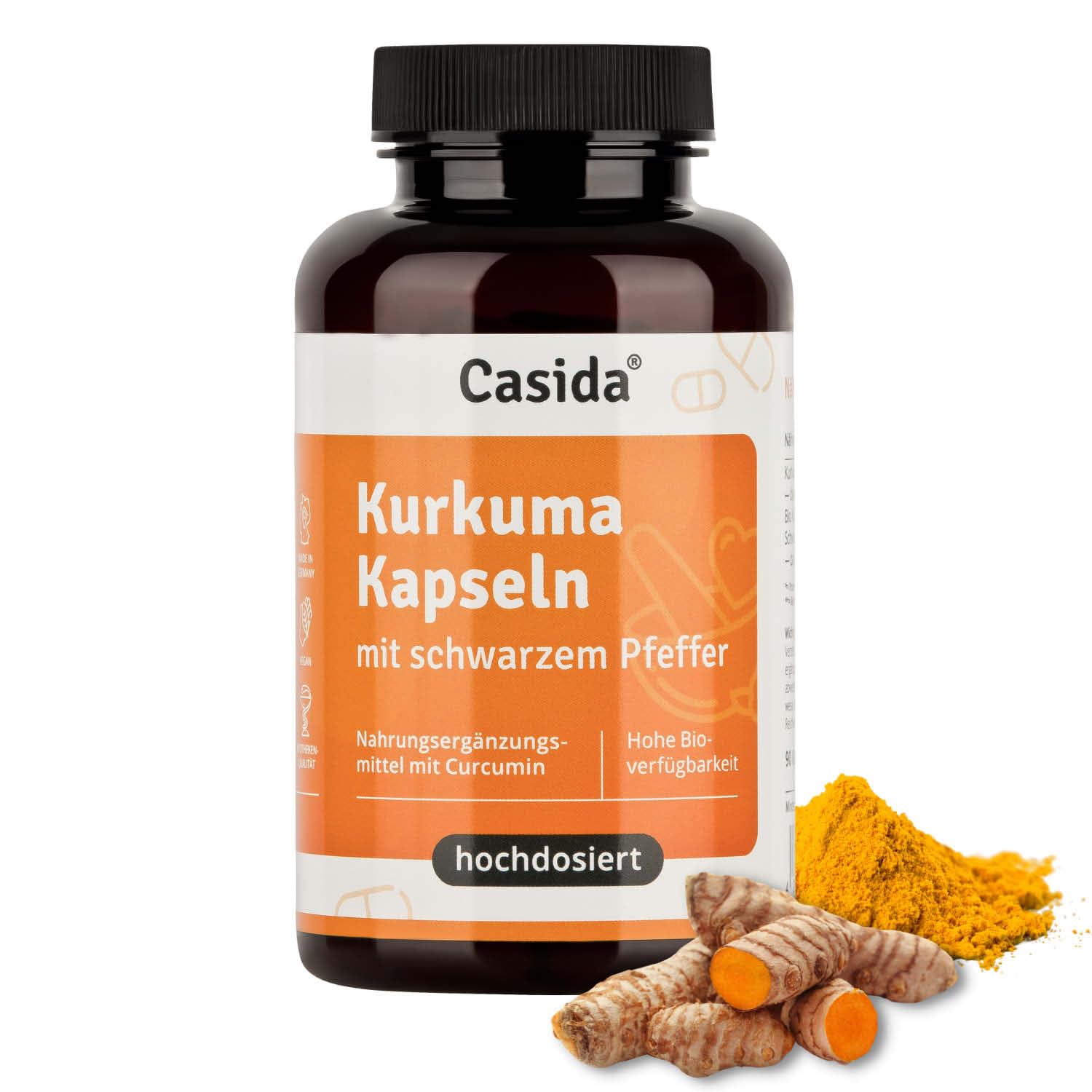 Casida® Bio Kurkuma Kapseln + Pfeffer – Curcumin hochdosiert (95% Curcuma-Extrakt) mit Kurkuma-Pulver und Piperin – Vegan – 90 Kapseln