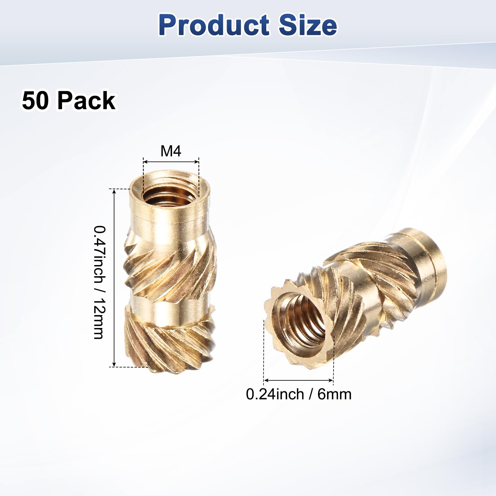 M METERXITY 50-Pack Threaded Inserts, M4 x 12mm L x 6mm OD Brass Heat Set Insert Nuts - Image 3