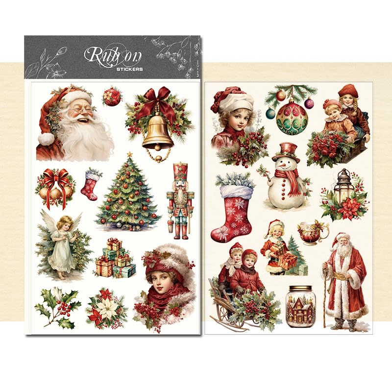 CATaireen Rub On Transfers Stickers 2 Sheets for Crafts Cloth Glass Acrylic Wood Furniture Small Vintage Junk Journal Supplies Scrapbooking Items Christmas Thanksgiving (Red Christmas)