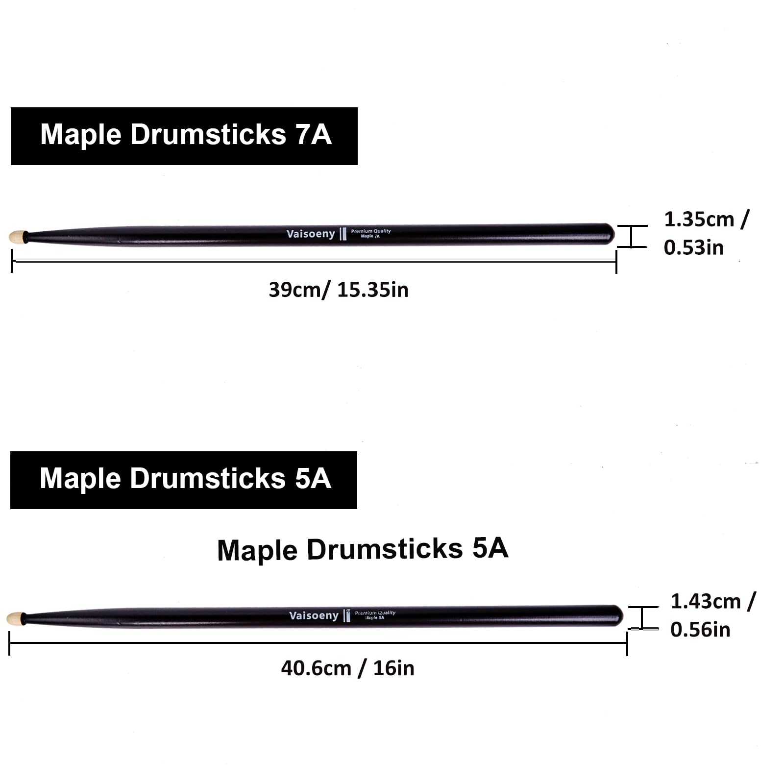 Baquetas tambor, Baquetas bateria 7A lacadas, 6 Pares de baquetas para niños y adultos, Accesorios de percusión profesional para instrumentos musicales (Negro)