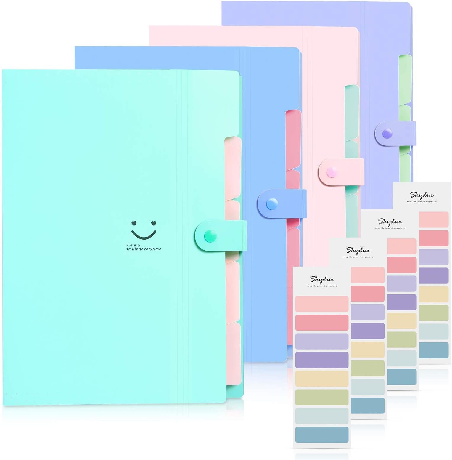 Skydue 4 Packs Expanding File Folder with 168 Labels,5 Pockets A4 Letter Size Accordion Folder Paper Organizer for School and Office