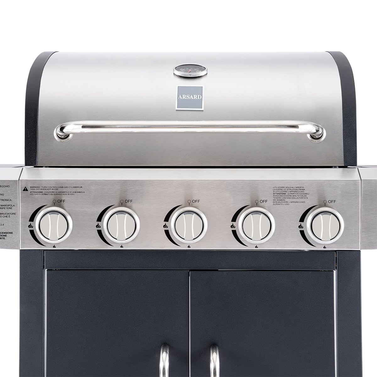 Arsard Barbecue a Gas Professionale XXL Con 6 Fuochi Multifunzione Da 19 KW, Completo Di Bruciatore Laterale, Coperchio, Termometro, Griglia In Ghisa, Ruote, Portabombola E Struttura In Acciaio Inox