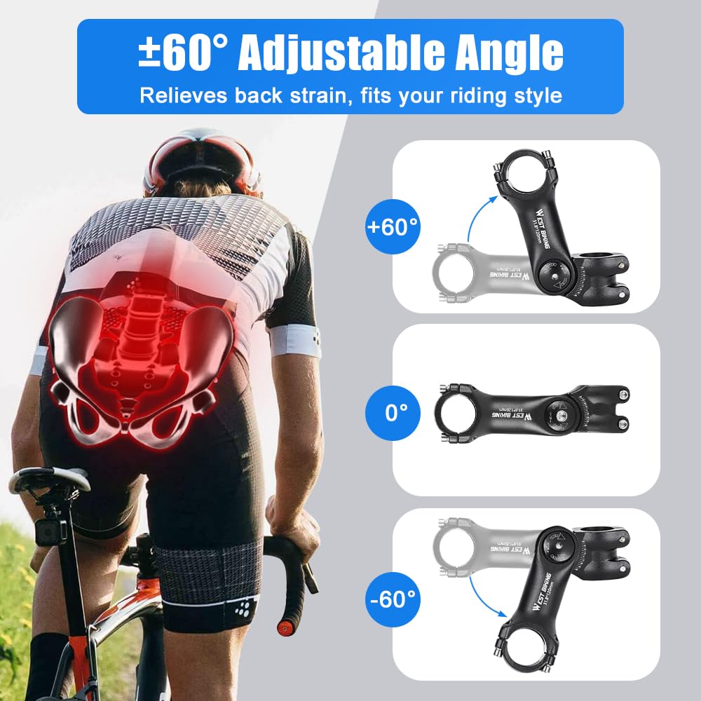 Attacco Manubrio Regolabile in Alluminio – Compatibile con 25,4 mm e 31,8 mm, Inclinazione ±60°, Doppia Vite di Serraggio, per MTB, Bici da Strada ed E-Bike con Stelo da 28,6 mm