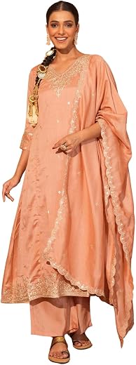 Naixa Women's Vichitra Silk Embroidered A-Line Kurta with Pant and Dupatta Sets (NX-845)