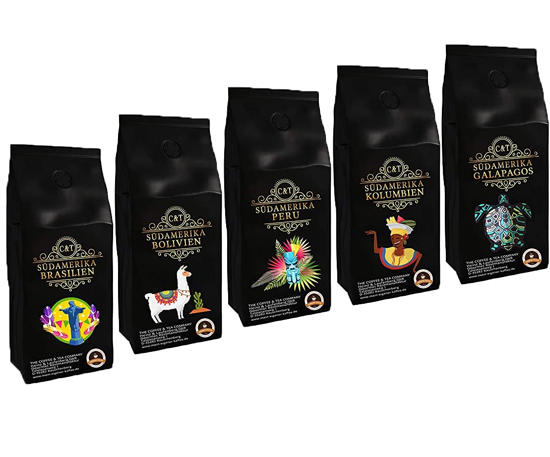 Länderkaffee Probierpaket Südamerika 5 x 500g Spitzenkaffees Brasilien Bolivien Peru Kolumbien Galapagos 2500 Gramm Gemahlen